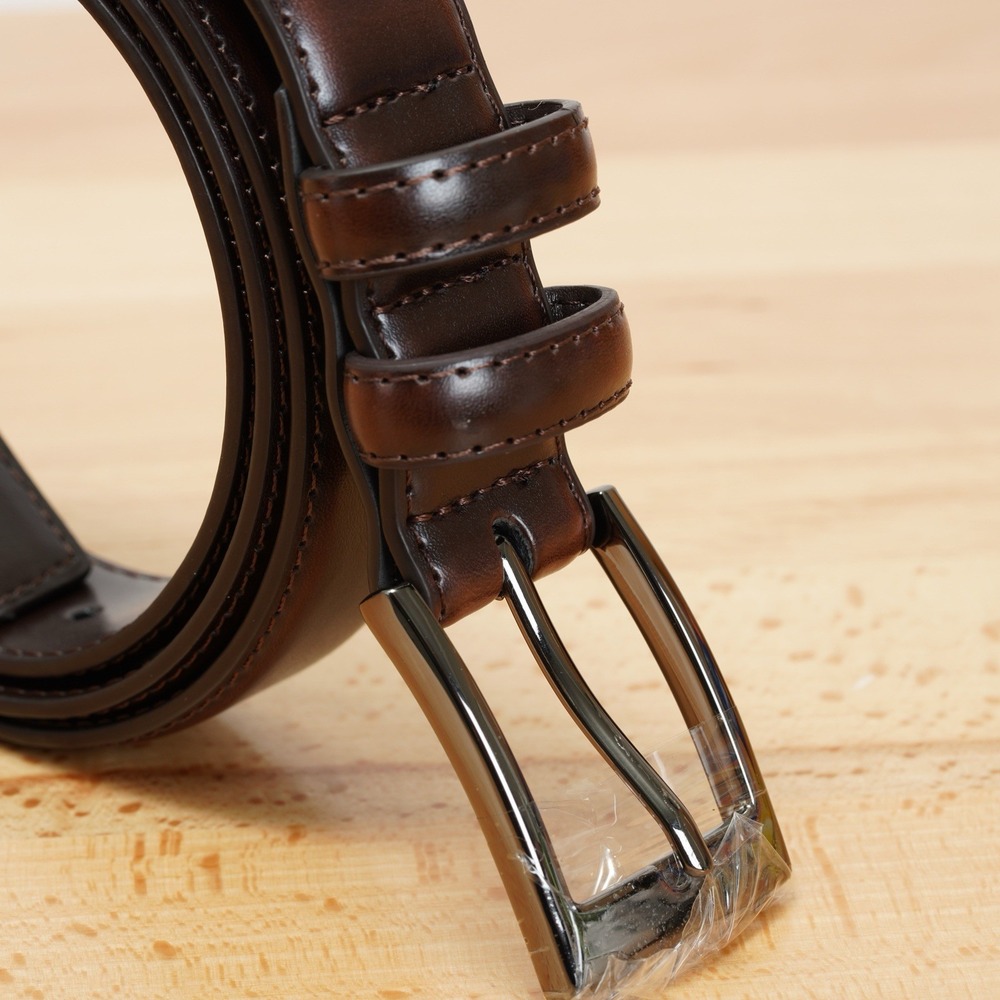 Men's Leather Dress Belt 44" Coffee Brown Classic Stitched 1.1" Wide Buckle - Picture 4 of 12